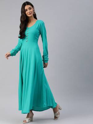 Sea-green plain viscose rayon maxi-dresses 2