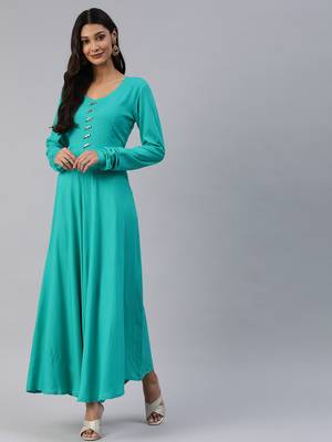 Sea-green plain viscose rayon maxi-dresses 3
