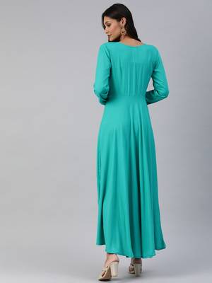 Sea-green plain viscose rayon maxi-dresses 4