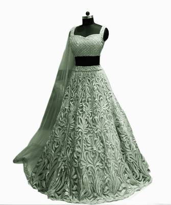 Light-green embroidered net semi stitched lehenga 2