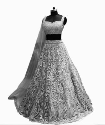 Grey embroidered net semi stitched lehenga 1