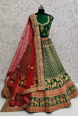 Green embroidered satin semi stitched lehenga 1