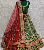 Green embroidered satin semi stitched lehenga