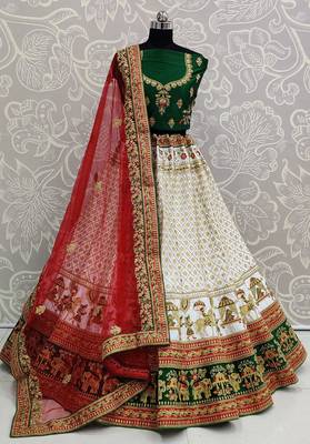 White embroidered satin semi stitched lehenga 1