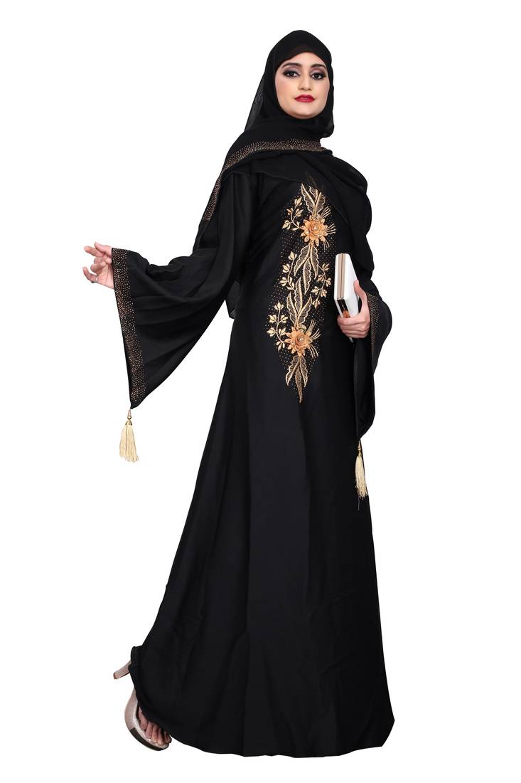 New Saffron color flower 3D worked and golden pearl work bell sleeve with dupatt (scarf)