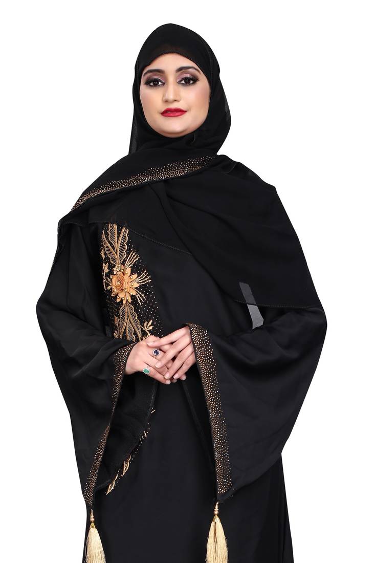 New Saffron color flower 3D worked and golden pearl work bell sleeve with dupatt (scarf)