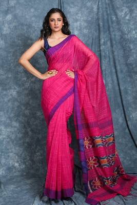 Hot pink woven blended cotton saree with blouse 1