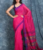 Hot pink woven blended cotton saree with blouse