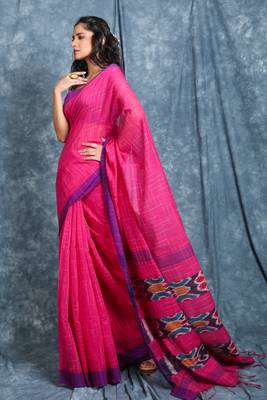 Hot pink woven blended cotton saree with blouse 2