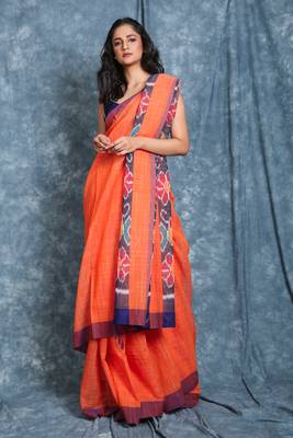 Orange woven blended cotton saree with blouse 1