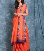 Orange woven blended cotton saree with blouse