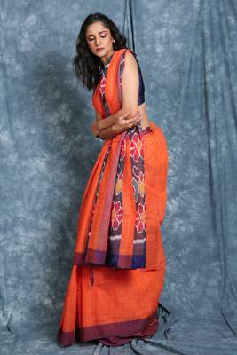 Orange woven blended cotton saree with blouse 2