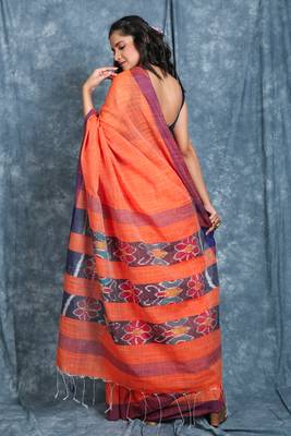 Orange woven blended cotton saree with blouse 3