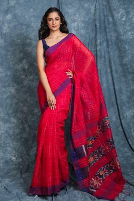 Red woven blended cotton saree with blouse 1