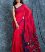 Red woven blended cotton saree with blouse