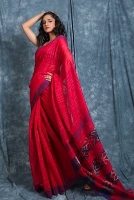 Red woven blended cotton saree with blouse 2