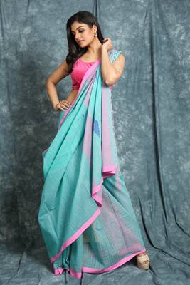 Turquoise woven blended cotton saree with blouse 1