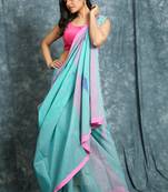 Turquoise woven blended cotton saree with blouse