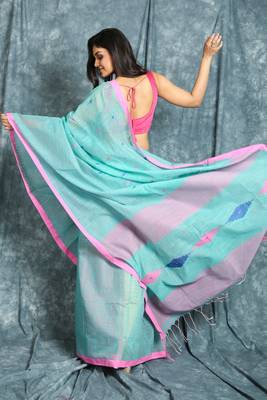Turquoise woven blended cotton saree with blouse 2