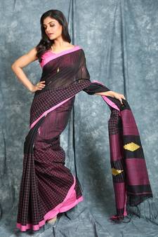 Black woven blended cotton saree with blouse