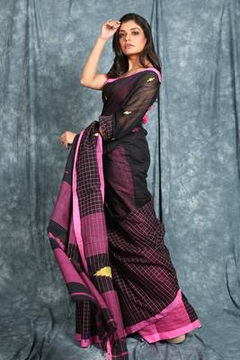 Black woven blended cotton saree with blouse 2