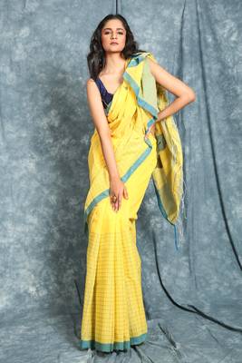 Light yellow woven blended cotton saree with blouse 1