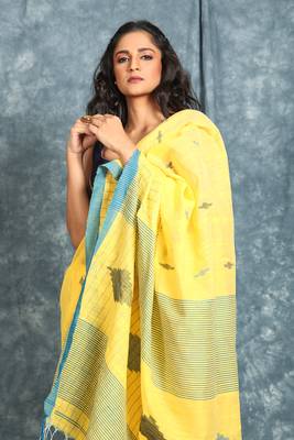 Light yellow woven blended cotton saree with blouse 2