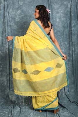 Light yellow woven blended cotton saree with blouse 3
