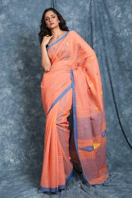 Light peach woven blended cotton saree with blouse 1