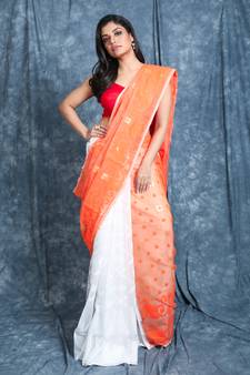 Orange And White Half & Half Jamdani Saree Without Blouse