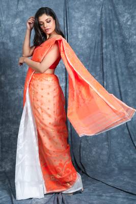 Orange And White Half & Half Jamdani Saree Without Blouse 2