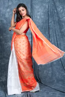 Orange And White Half & Half Jamdani Saree Without Blouse