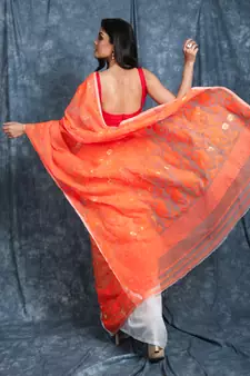 Orange And White Half & Half Jamdani Saree Without Blouse