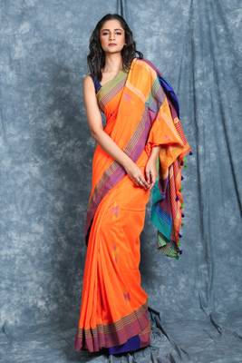 Orange woven blended cotton saree with blouse 1