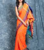 Orange woven blended cotton saree with blouse