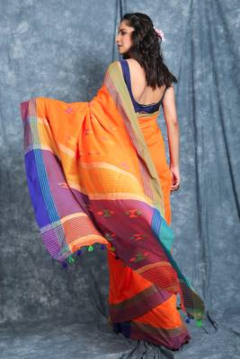 Orange woven blended cotton saree with blouse 2