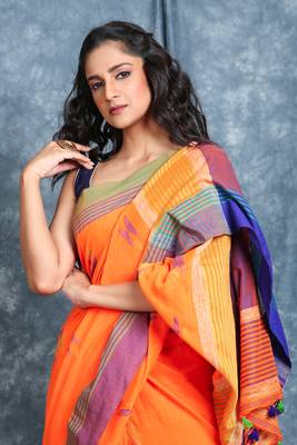 Orange woven blended cotton saree with blouse 3