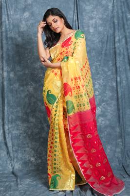 Yellow woven blended cotton saree 1
