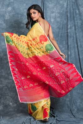 Yellow woven blended cotton saree 3