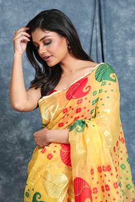 Yellow woven blended cotton saree 4