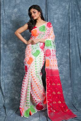 White woven blended cotton saree 1