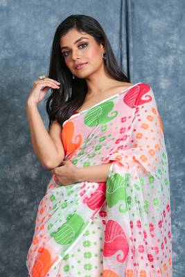 White woven blended cotton saree 3
