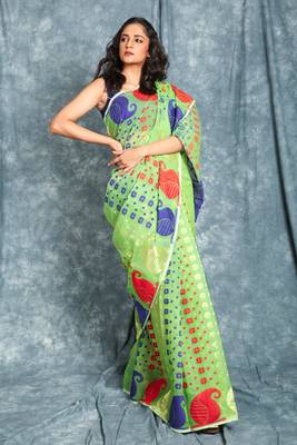 Light Green Woven Blended Cotton Saree Without Blouse 1