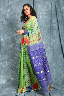 Light Green Woven Blended Cotton Saree Without Blouse
