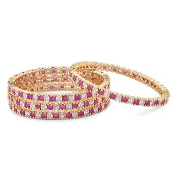 Gold Plated Ruby & White American Diamond Set Of 4 Bangles For Women 4