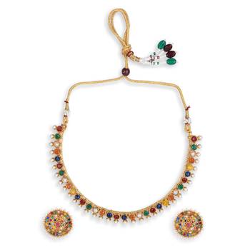 Gold Plated Stylish Multicolour Stone Studded Choker Necklace Jewellery Set For Women 3