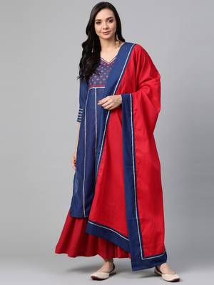 Navy-blue woven cotton ethnic-kurtis 1