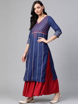 Navy-blue woven cotton ethnic-kurtis 4