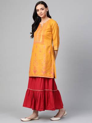 Yellow woven cotton ethnic-kurtis 3