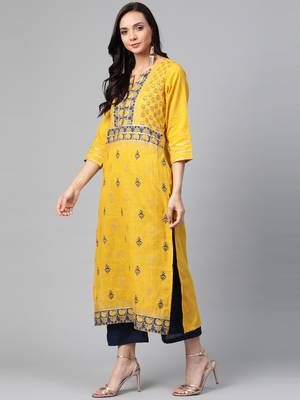 Yellow woven cotton ethnic-kurtis 3